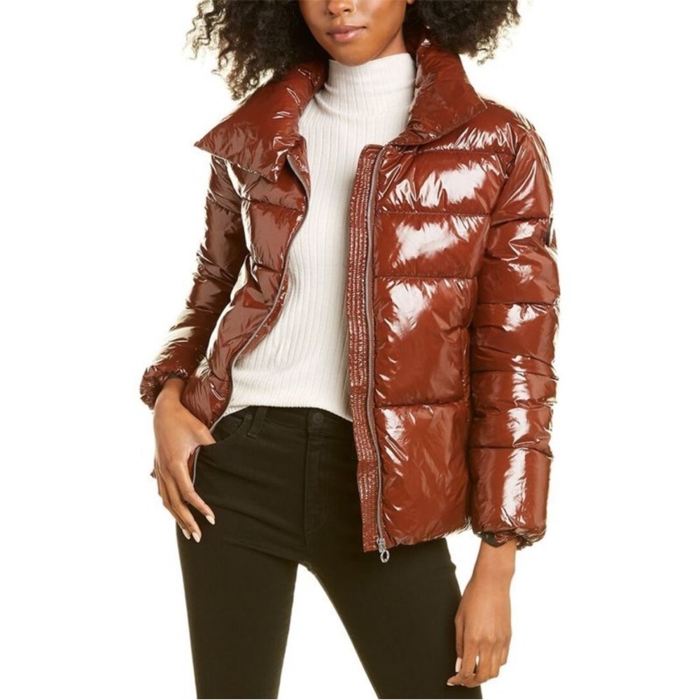 Noize Goldie Patent Puffer Jacket‎ in Brown